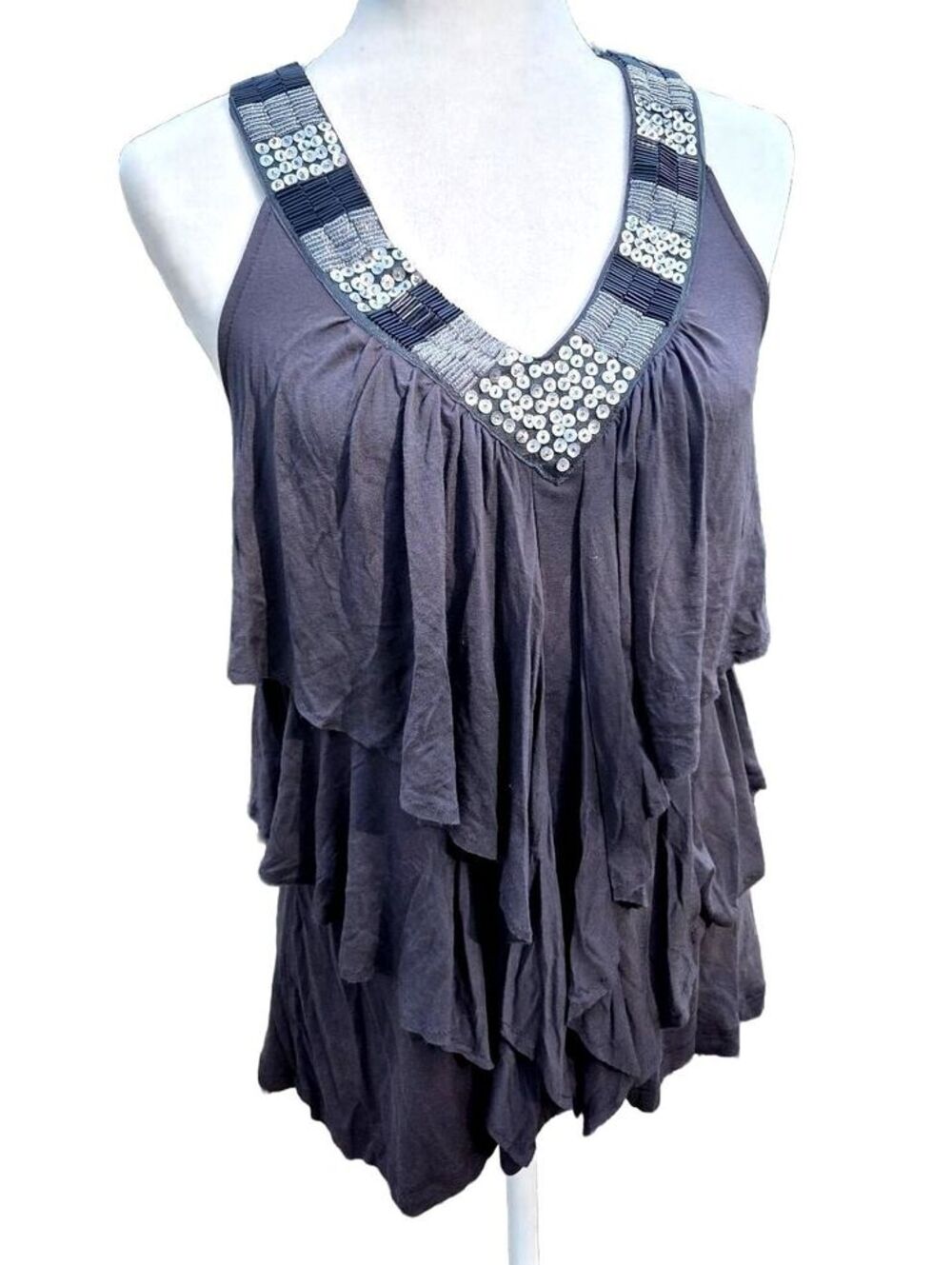 Lush Y2K Vintage Charcoal Gray Sequin Beaded Ruffle Tank Top Whimsigoth XS